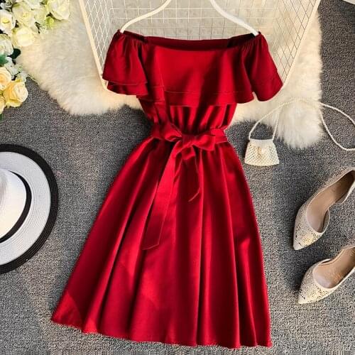 2020 Summer Women Strapless Off Shoulder Ruffles Dress Elegant Vintage Female A-line High Waist Beach Party Holiday Dress