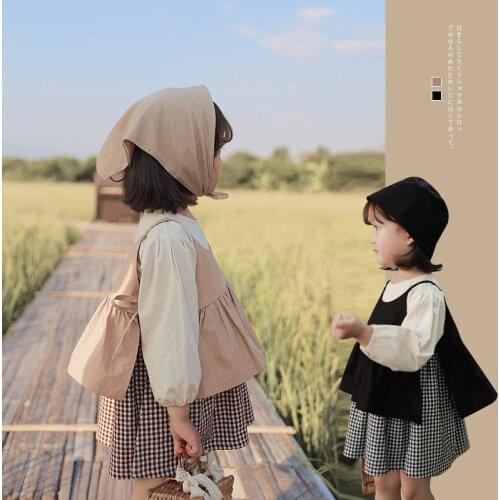 2021 New Kids Dress Set Baby Girl Long Sleeve Cotton Plaid Outfits 2Pcs Children Clothes Korean Style Girls Two Pieces Clothing