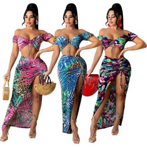 Adogirl Women 2 Piece Outfits Summer 2021 Matching Sets Crop Top And Skirt Fashion Floral Print Beach Tracksuit Club Outfits