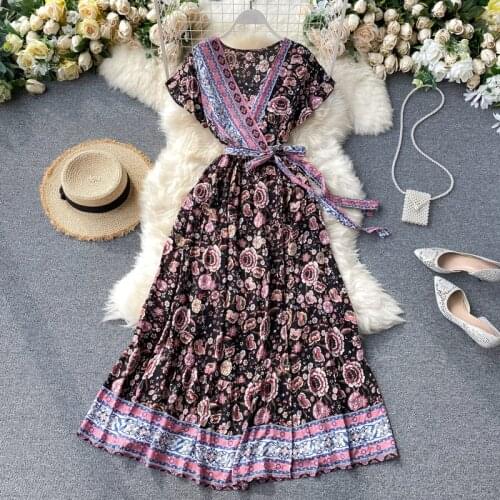 Bohemia Women Print Long Dress Summer High Waist Short Sleeve A-line Beach Dresses Vintage Casual Ladies Dress New Fashion BC053
