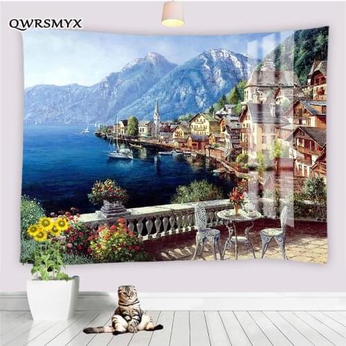 Oil Painting Europe U.S Seaside Town Scenery Tapestry Wall Hanging Living Room Bedroom Dorm Decor Tapestries Home Art Adornment
