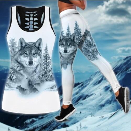 White Wolf Animal Two Piece Yoga Set Women 3D Print Vest Hollow Out Tank Top High Waist Legging Summer Casual Sport1