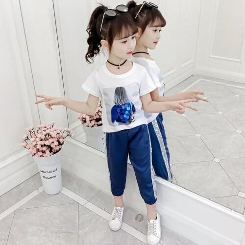 Summer New Casual Style Fashion Clothes Set Short Sleeve Tshirt Pants Two Piece Sequined Sport Suit Korean for Children Outfits