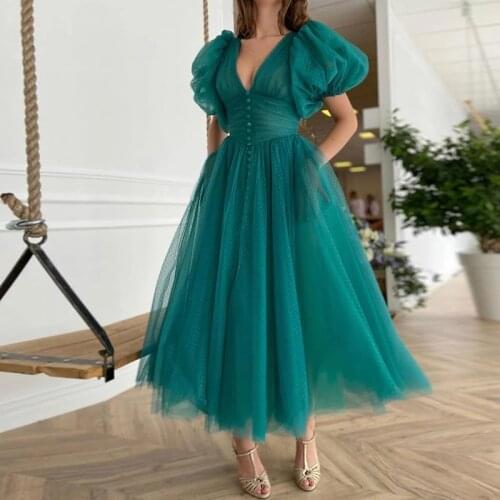 Best Selling Tea Green Dotted Tulle Short Prom Dresses Puff Sleeves V Neck Tea Length Graduation Party Gowns With Pockets