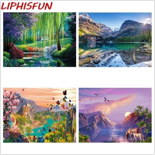 LIPHISFUN Diamond Embroidery Full Display Lake Mountain Landscape Nature Diamond Painting Scenery Picture Of Rhinestones Sale