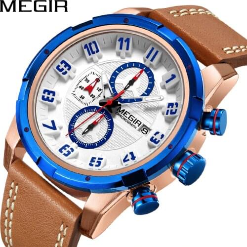 MEGIR Creative Chronograph Sport Watch Men Clock Leather Quartz Men Wrist Watches Time Hour Army Military Wristwatches Relogios