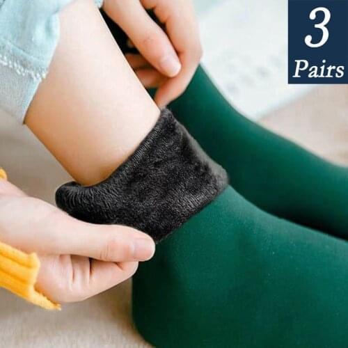 3 Pairs/Set Womens Winter Warm Socks Thicken Thermal Nylon Solid Color Socks Soft Snow Velvet Boots Floor Sleep Black Sock