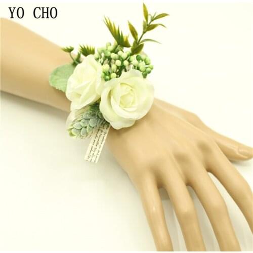 YO CHO 2018 New Fresh Wrist Corsage Flowers Groom Groomsman Boutonniere Pin Brooch For Wedding Dancing Party Decor Bridal Prom