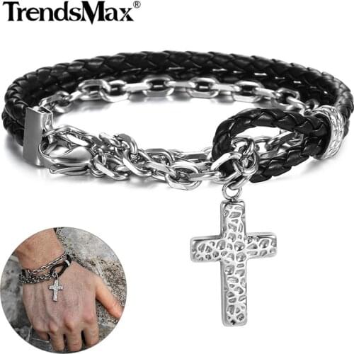 New Stainless Steel Bracelet Double Layered Cross Charm Leather Bracelet Cable Chain Black Punk Wristband for Men Boys DLB195