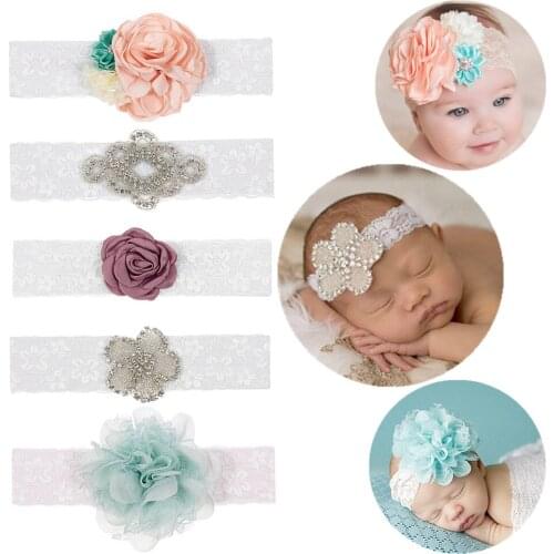 New Cute Newborn Rhinestone Flower Headband Soft Lace Headbands Kids Handmade Hair Accessories Christmas Gift