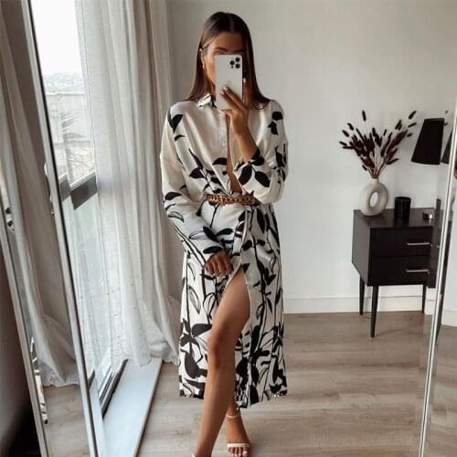 Ardm Fashion Floar Print Dresses For Women 2021 Long Sleeve V Neck Dress Shirt Split Vintage Loose Midi Dress Vestido De Mujer