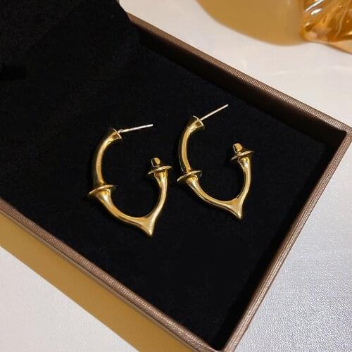 SRCOI Irregular Geometric Open Bamboo Oval Stud Earrings Vintage Metallic C-Shaped Gold Silver Color Minimalist Women Earrings