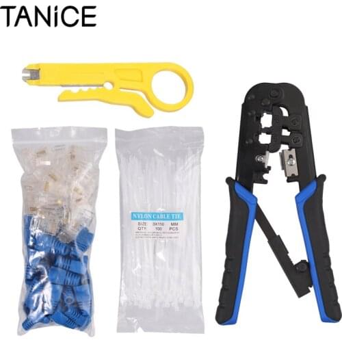 TANiCE RJ45 Crimp Tool Cat5 Cat5e Cat6 Crimping Tool With 30PCS Covers 100pcs 6 Inch Cable Tie For Nylon Network Wire Stripper