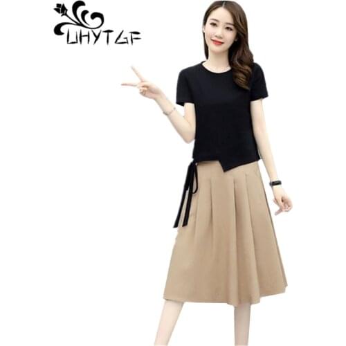UHYTGF Fashion Cotton And Linen Dress Women 2021 New Summer Two Piece Set Short-Sleeved Lrregular Tops Casual Skirt Suits 1668