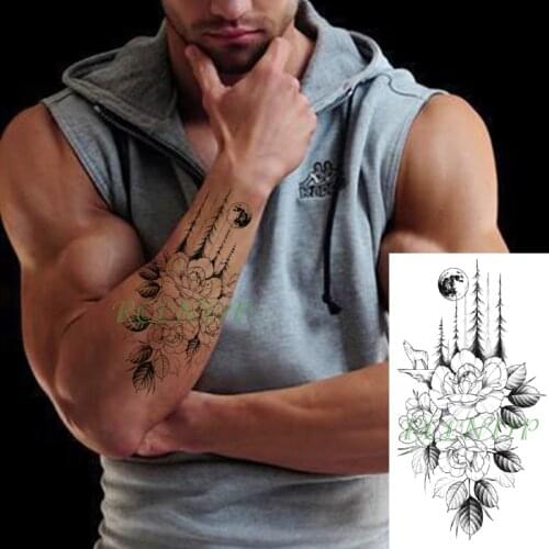 Waterproof Temporary Tattoo Sticker wolf moon forest tree flower black Fake Tattoo Flash arm leg Tattoo for Girl Women Men