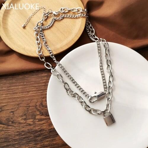 XIALUOKE Hip-hop Rock Punk Geometric Metal Locks Double Chain Pendant Necklace For Women Vintage Party Jewelry 2021
