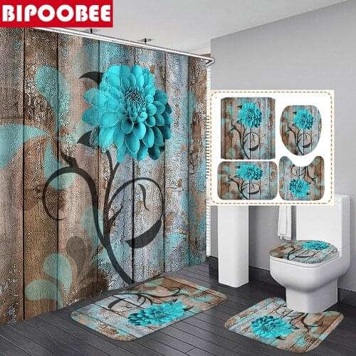 Floral Flower Shower Curtain Set Teal Rustic Farmhouse Wooden Plank Country Fabric Bathroom Curtains Bath Mat Non-Slip Rugs