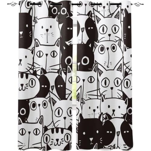 Black And White Cat Cute Pet CartoonWindow Curtain for Living Room Kids Room Bedroom Home Decor