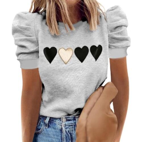 Summer Stylish Women T-shirt Casual Loose Short Puff Sleeve Eye/Heart Print O Neck Blouse Top Print Fashion T-Shirts футболка