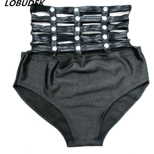Hollow Out High Waist Shorts Stretch Black Crystals Hot Pants Women DJ Singer Dancer Jazz Pole Dancing Costume Sexy Stage Wear