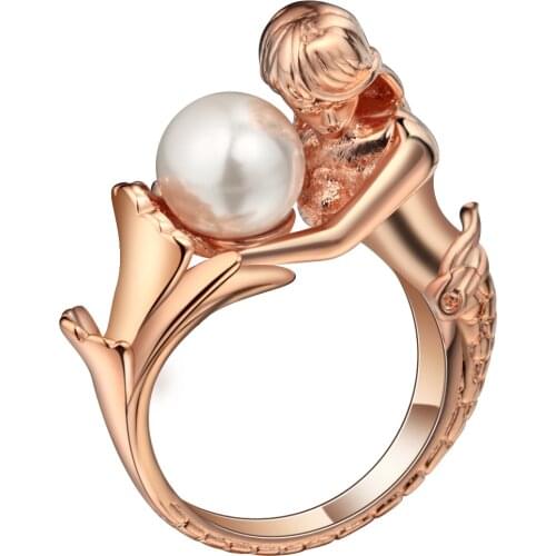 UFOORO Cute Artificial Pearl Mermaid Rings Female Rose Gold Color Elegant Figure Party Rings For Women Accessories Bijoux Femme