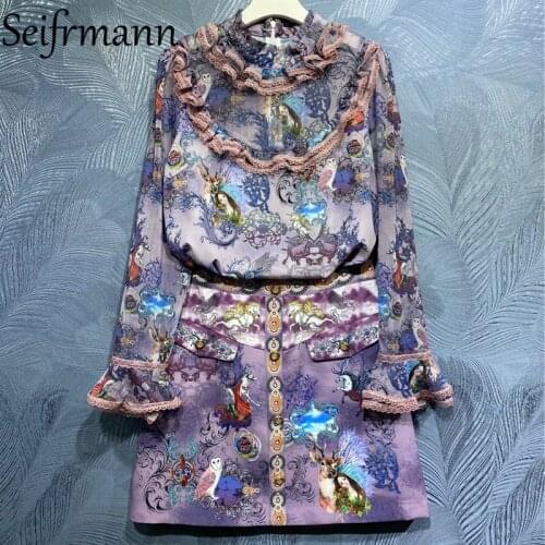 Seifrmann New 2021 Summer Women Fashion Runway Skirts Set Flare Sleeve Ruffles Lace Loose Tops + High Waist A-Line Skirts Suits