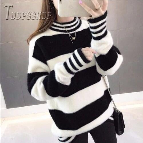 2019 Imitation Otter Fur Women Sweater Stripe Thick Winter Warm Female Sweaters