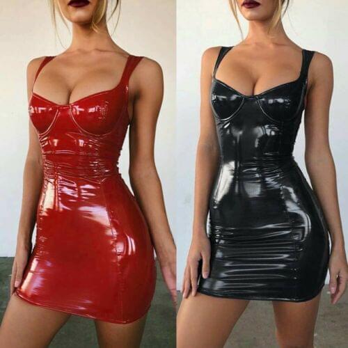 2019 Women Ladies Solid Skinny Slim Sexy Latex Faux Leather Bodycon Sleeveless Party Cocktail Strappy Clubwear Mini Dresses