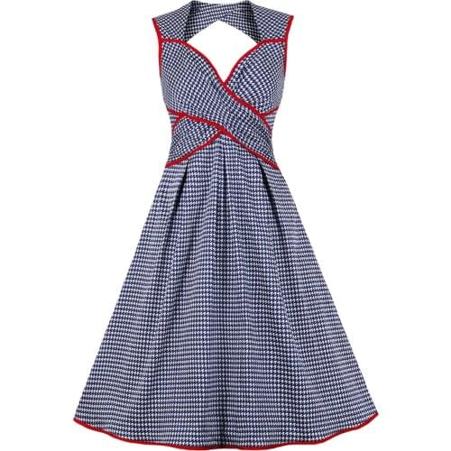 Sleeveless Women Casual Tunic Midi Dress Bow Belt Summer Plaid Printed Cotton V Neck Office OL Vintage Retro Rockabilly Sundress