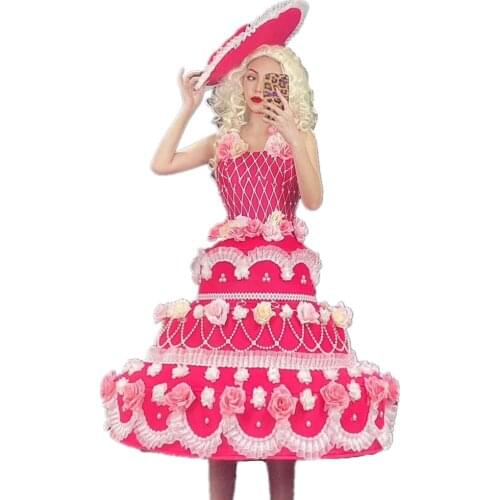 Pearl Flower Pink Festival Stage Rave Clothes Cake Dress Nightclub Appliques Evening Party Dresses Women Performance Costumes