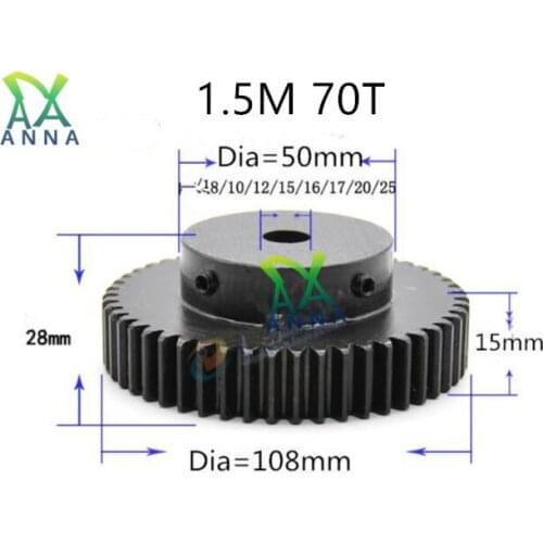 1.5M 70T gear thickness 15mm 1.5mod gear rack 70teeth quenching Spur Gear pinion bore 10mm-25mm spur gear 45 steel cnc pinion