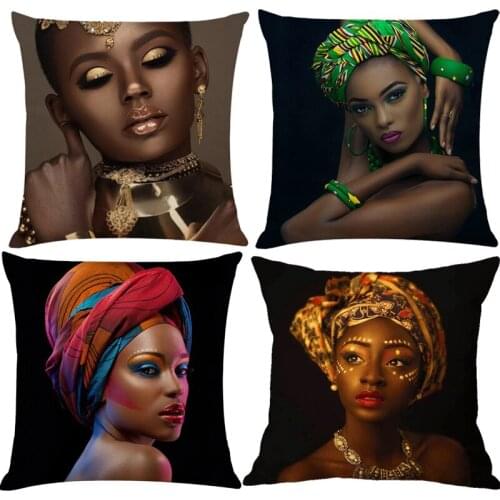 45X45cm Linen Cushion Cover Fashion African Black Woman Girl Luxury Print Home Decorative Sofa Pillow Case Beauty Decoration