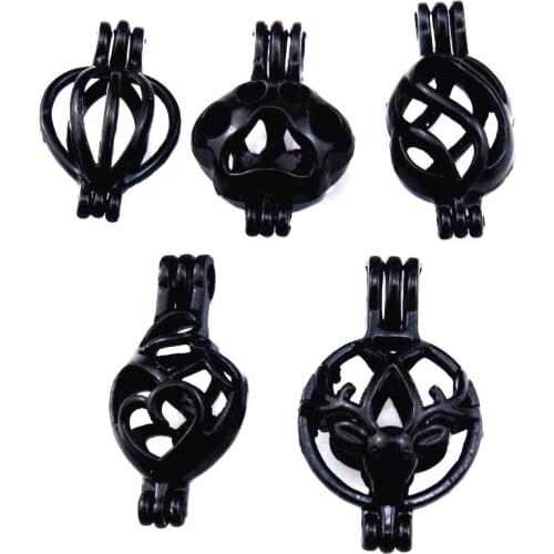 5pcs 21909 Round Deer Heart Dog Paw Print Beads Cage Jewelry Making Essential Oil Diffuser Gun Black Pearl Cage Locket Pendant