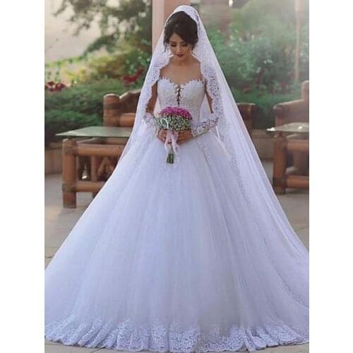 Ball Gown Sweetheart Long Sleeves Sweep/Brush Train Lace Tulle Wedding Dress 2020 Bridal Gown