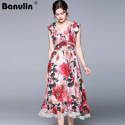 Banulin 2021 Summer Runway Floral Ruffles High Waist Women Dress Vintage Lady Lace Patchwork Midi Dress A Line Vestidos N78678