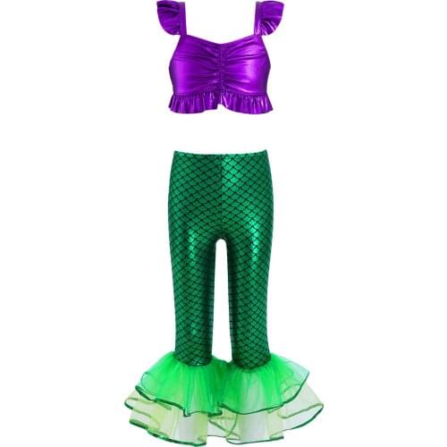Kids Girls Mermaid Cosplay Costumes Outfit Sleeveless Crop Tops and Fish Scales Flared Pants Set for Themed Party Roleplay Sets