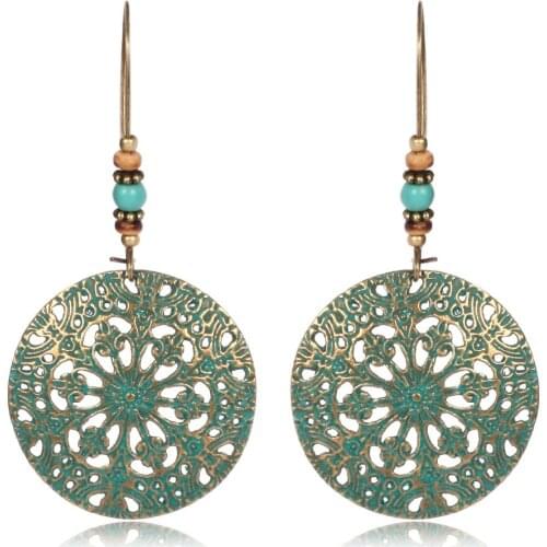 HC Vintage Round Drop Hollowed Earring Women Antique Gift Jewelry Fashion Carved Flowers Long Dangle Earring Wholesale Brincos F