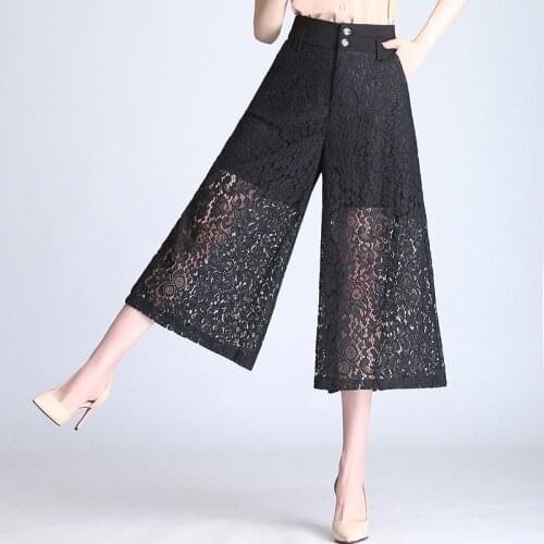 Capris Pants Lace Hollow Wide Leg Women Summer Korean Fashion Loose Trousers Plus Size Elastic High Waist Pantalones Mujer 4XL