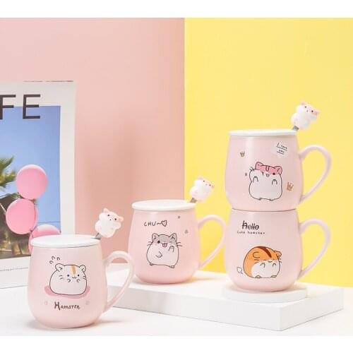 Cartoon Hamster Ceramic mug Coffee Mug Household Milk Water Cups with Handle with Lid Spoon Large Capacity Drinking Gifts girls