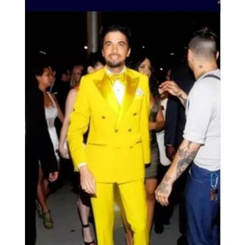 Bright Yellow Grooms Wedding Satin Peak Lapel Costume Homme Mens Suits 2 Pcs Tuxedos Terno Masculino Slim Fit Prom Jacket+Pant