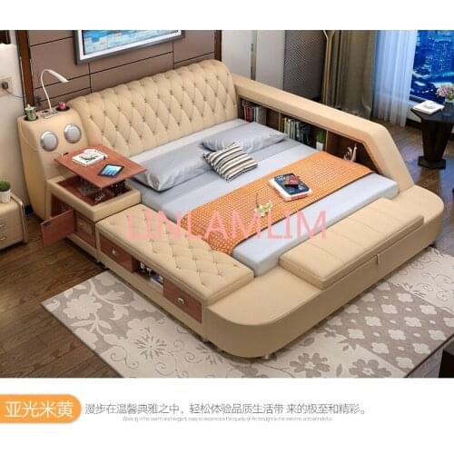 Genuine leather bed with storage speaker LED light safe Modern Soft Beds Home Bedroom cama muebles de dormitorio camas quarto