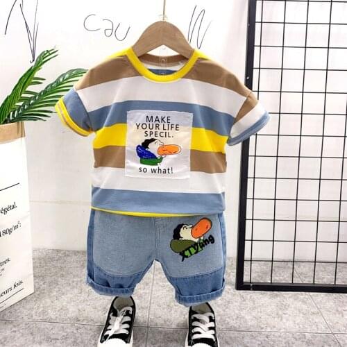 Baby boys summer clothes children clothing sets for boy short sleeve striped T-shirt + jeans cool denim shorts suit 2-7years