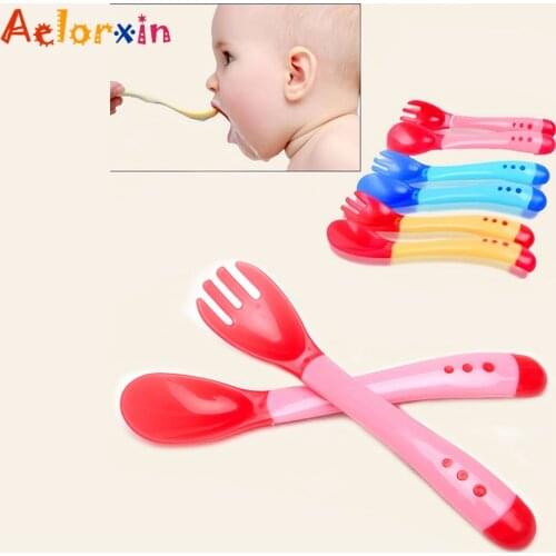 2pcs/set New Safety Temperature Sensing Spoon Baby Flatware Feeding Spoon