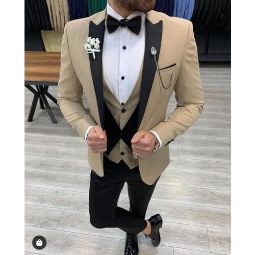 Fashion Design Beige Men Suit Slim Fit Wedding Groom Peaked Lapel Mens Tuxedos Best Man Blazer 3 Pieces Costume Homme Marriage