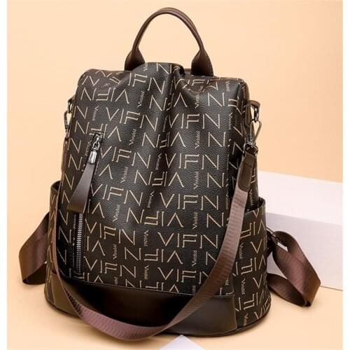 Fashion Trendy Letter Printed Backpack Women PU Soft Leather Backpack Large Capacity Waterproof Wear-resistant Student Bag 2021