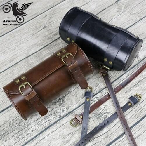 Top quality leather retro cafe black motorcycle head bags for harley softail motorbike saddlebag round vintage moto tail bag