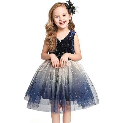 Girls Star Sequins Dress Elegant Party Ball Gown Kids Starry Ball Gown Child Velvet Tulle Princess Dress Girl Birthday Costumes