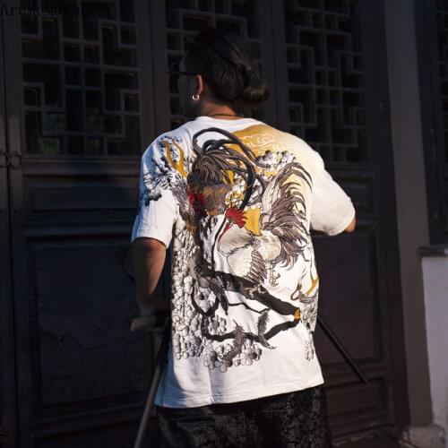2021 Summer New Original Embroidery Yokosuka Men and Women Couple Round Neck Short-sleeved T-shirt Ukiyo-e Rooster Embroidery