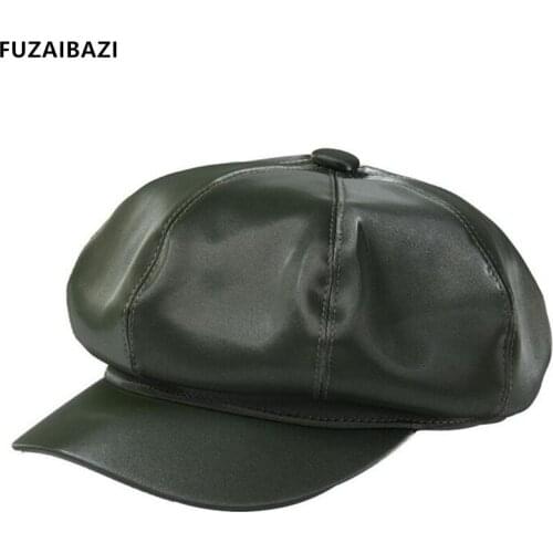 FUZAIBAZI New Autumn Winter Quality PU Leather Newsboy Caps For Womens Mens Trend Octagonal Cap Fashion Leisure Caps