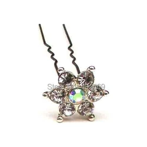 New prom hair jewelry 12Pcs lot AB crystals 20mm metal floral charm hair fork accessories